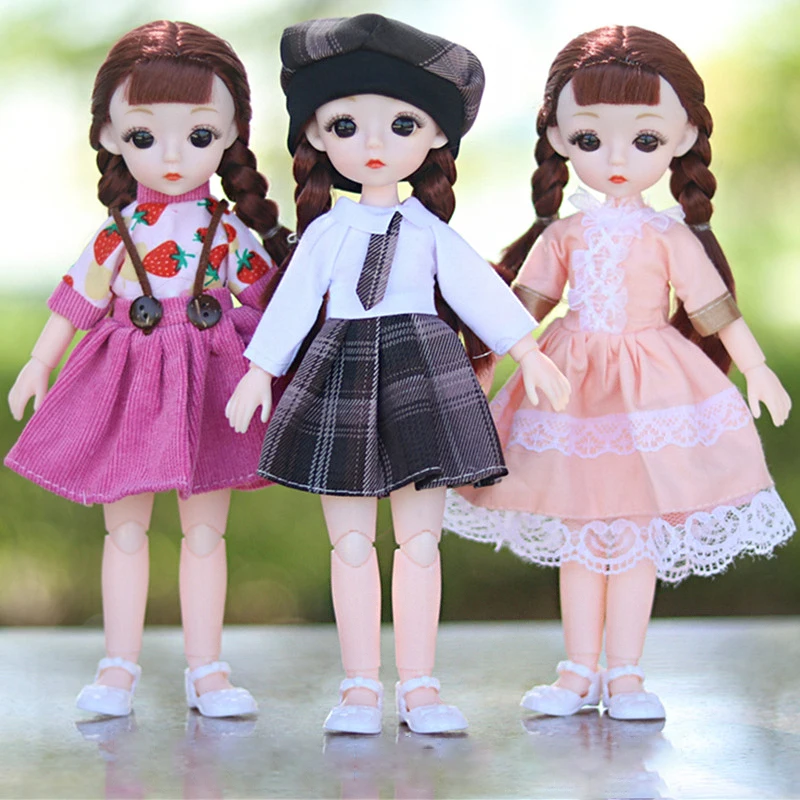 Bjd Doll 23cm 1/6 Double Braid Girls 3D Eyes Dress Up Princess Baby Dolls Clothes College Dress Toys for Girls Kids Gift Diy 1/6 30061 mina college baby 35 см sunman