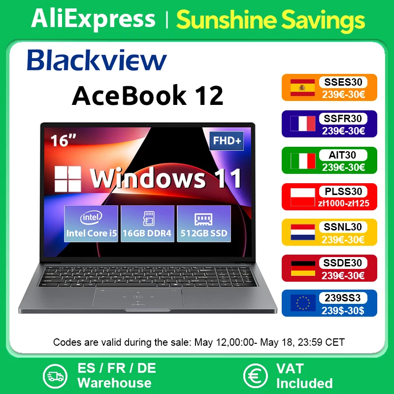 Blackview AceBook 12 Win 11 Laptop 16'' FHD IPS , Intel I5-1030NG7 Notebook, 16GB RAM 512GB SSD, 2-in-1 Fingerprint Power Button 1