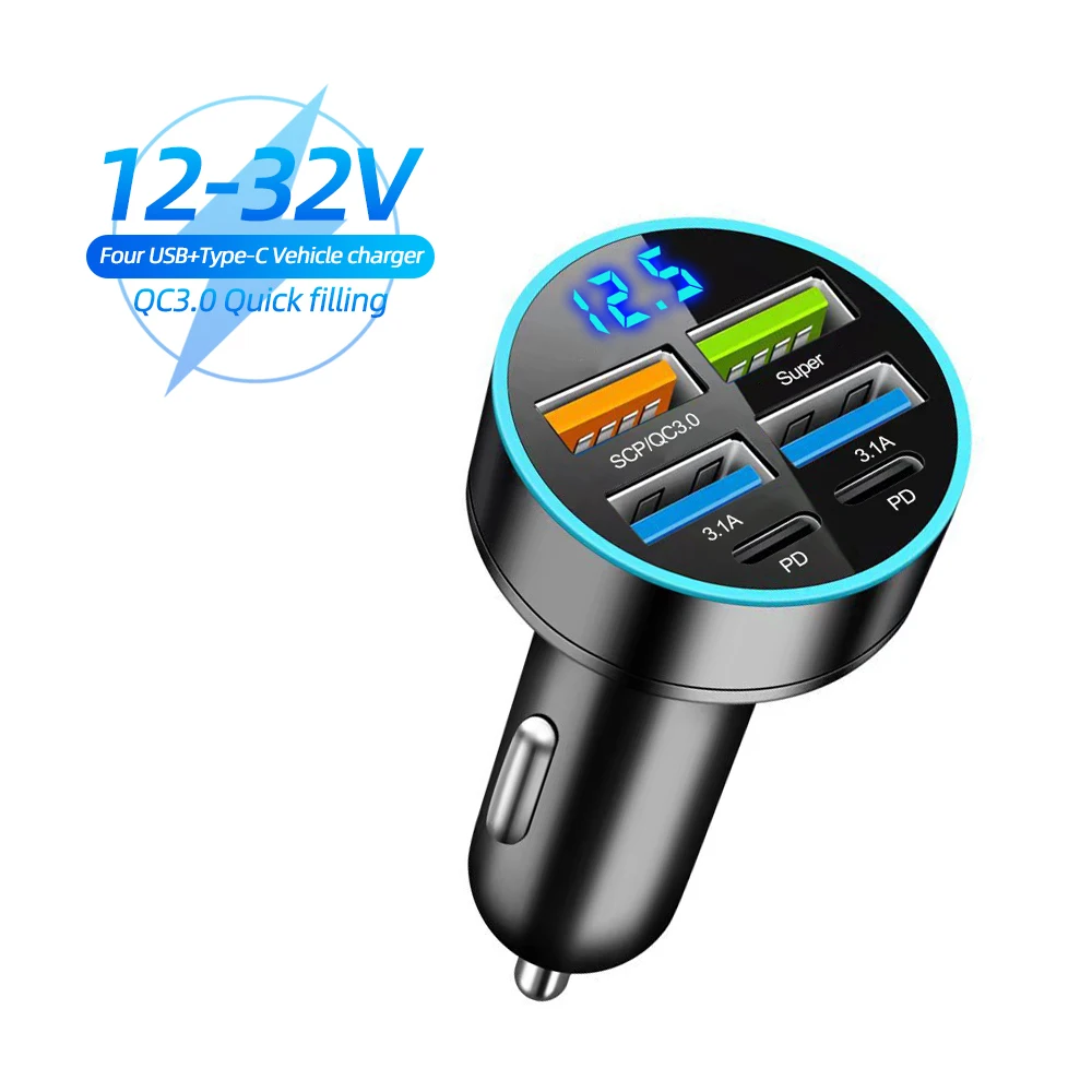 מטען לרכב 250W עם 5 יציאות טעינה מהירה PD QC3.0 USB C מתאם לטלפון נייד עם מתח עבור iPhone Samsung Huawei Xiaomi