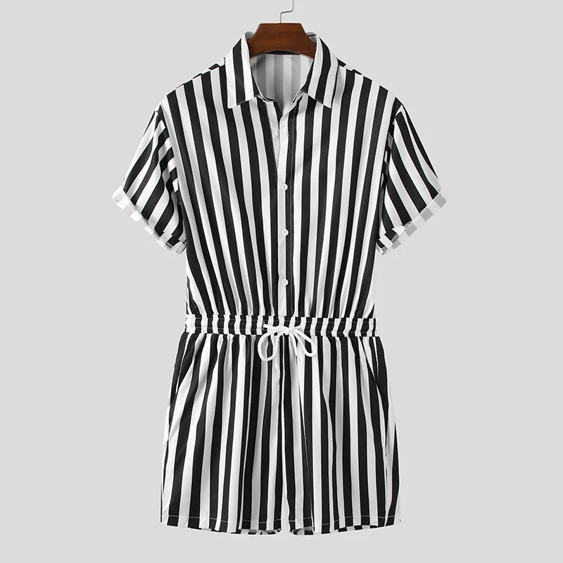Summer Stripe Jumpsuit Men's Sets Short Sleeved Single Breasted Turndown Collar Lace Up Casual Pants Suit