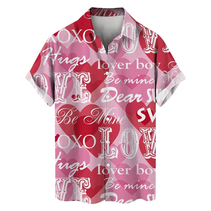 thumbnail image 1 of Camisetas de manga corta para hombre, con estampado 3D de amor, gráfico, camisas de botones para el día de San Valentín, blusa informal de verano para playa para hombre, 1 of 5