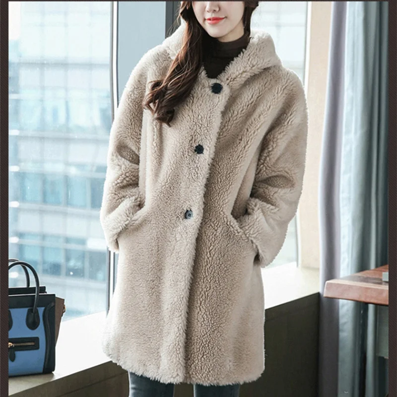 

Hooded Korean Jacket Fur Mink Overcoat Wool Casual Thicken Warm Winter Loose Large Size Long Outerwear Women