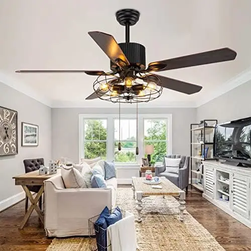 

Black Caged Ceiling Fan with Lights Remote Control, Industrial Farmhouse Chandelier Fan Pull Chain, Rustic Vintage Ceiling Fan L