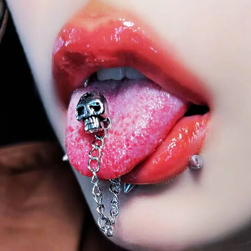 1PC Personalized Tongue Chain 14g Piercing Stud Punk Tongue Rings Lip