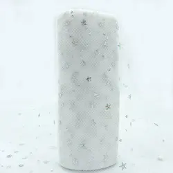 Rainbow Glitter Sequin Tulle Fabric Roll - 6in x 10 Yards for Crafting and Decoration (Star Moon White)