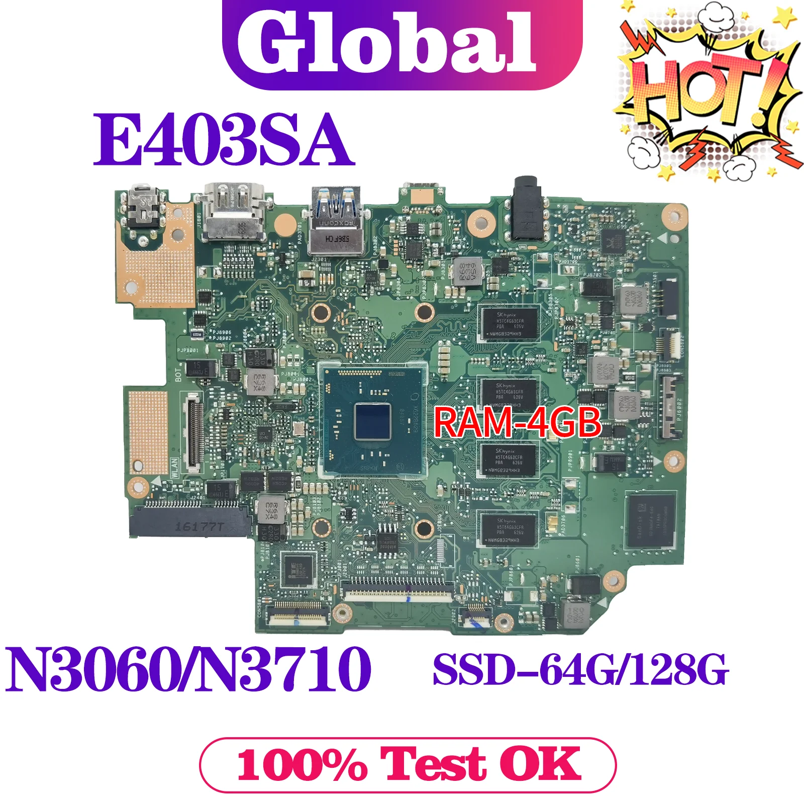 

KEFU E403S Mainboard For ASUS E403SA Laptop Motherboard N3050/N3060 N3700/N3710 SSD-64G/128G 4GB/RAM MAIN BOARD TEST OK