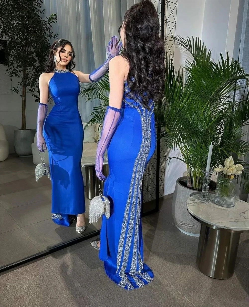 Sparkle Exquisite High Quality Charmeuse Rhinestone Christmas Sheath Halter Bespoke Occasion Gown Midi Dresses