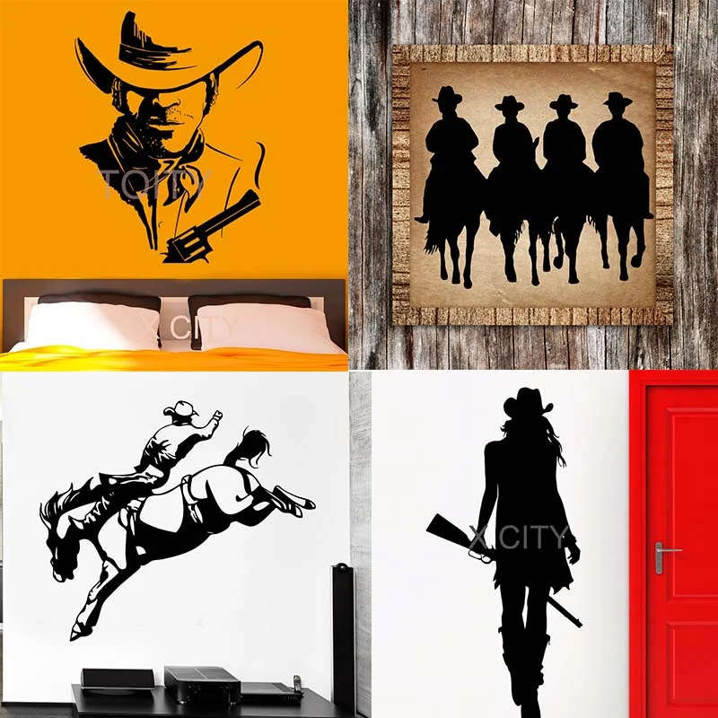 

Wall Decal Western Cowboy Wallpaper Cowgirl Horse Rodeo Equestrian Rider Hat Texas Wild West Vinyl Stickers Mural