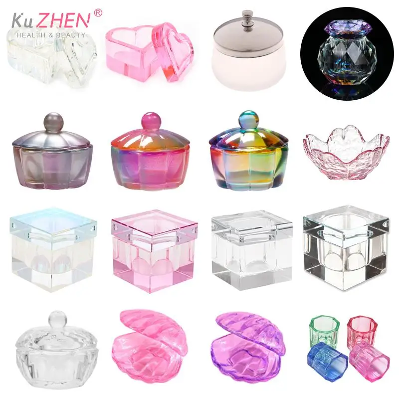 1PCS Rainbow Square Heart Cup Acrylic Liquid Dish Crystal Clear Crown Glass Cup with Lid Bowl for Acrylic Powder Nail Art Tool