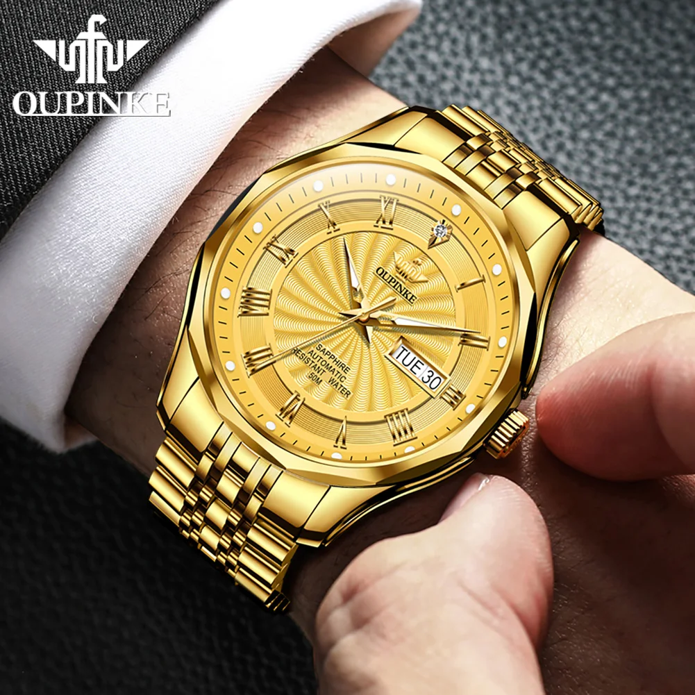 OUPINKE 3207 Men's Watches Real Diamond Stainless Steel Automatic Mechanical Man Watch Luxury Dual Calendar Business Wristwatch