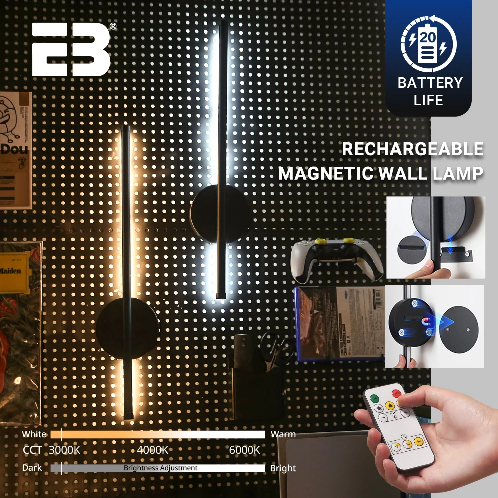 LED Wall Lamp Rechargeable 50 80cm Wireless Internal Wall Sconce With Remote Control Bedroom Beside Light Gaming Room Background