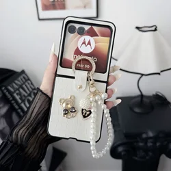 Luxury Faux Leather Folding Shockproof Case with Ring Lanyard for Motorola Razr 50 Ultra (WHITE)