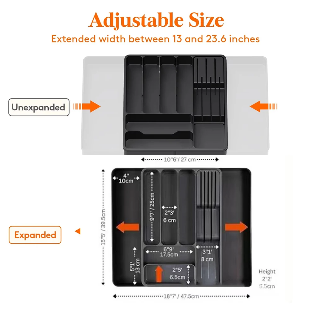 Silverware Drawer Organizer Expandable Utensil Tray with Removable Knife Block Utensil Storage Trays for Knives and Forks 6