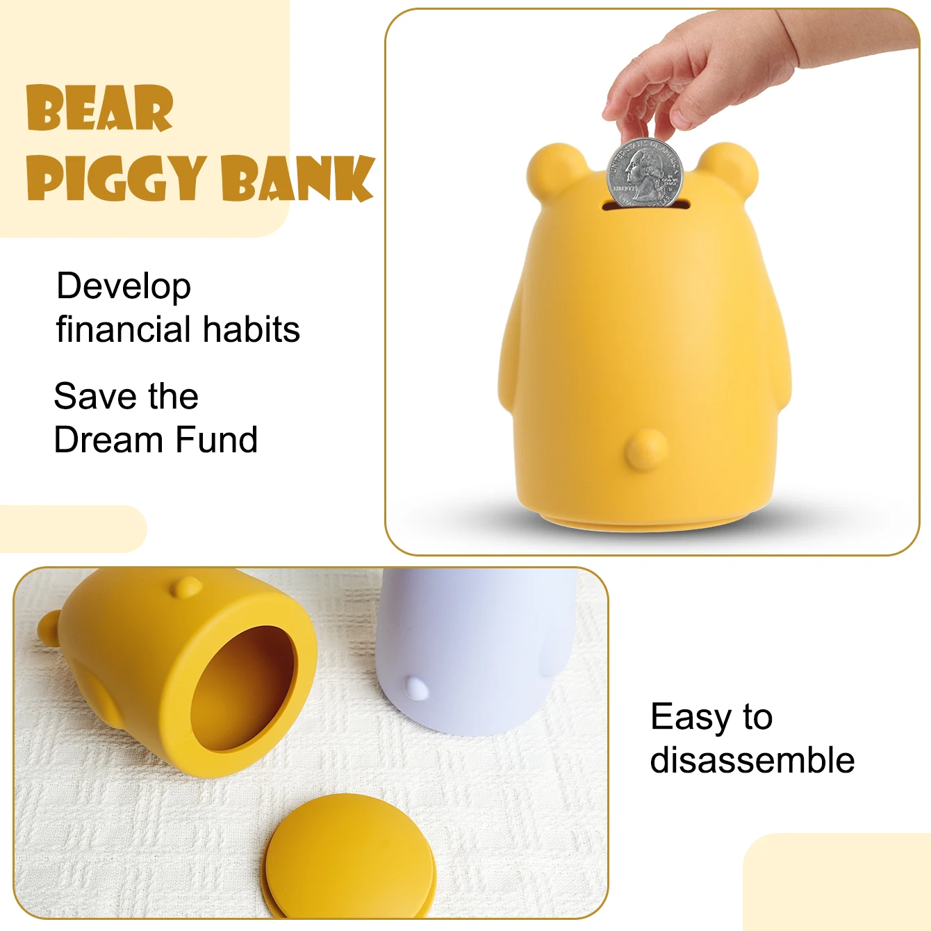 1PCS Baby Silicone Piggy Bank Unbreakable Money Bank Cute Bear Shape Baby Toys Solid Color Baby Items Girls and Boys Coin Bank - Image 2