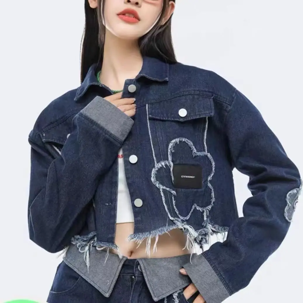 Korea Denim Short Length Washed Jackets Women Ruched Distressed Outerwear Y2k Vintage High Waist Floral Coats Crop Tops