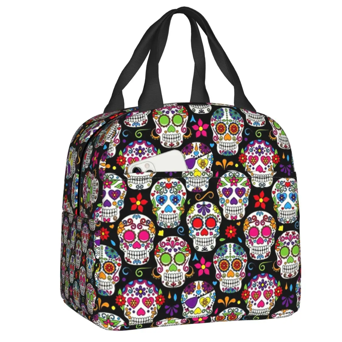 

Brightly Colored Sugar Skulls Insulated Lunch Bag for Women Mexican Day of The Dead Thermal Cooler Bento Box Picnic Travel