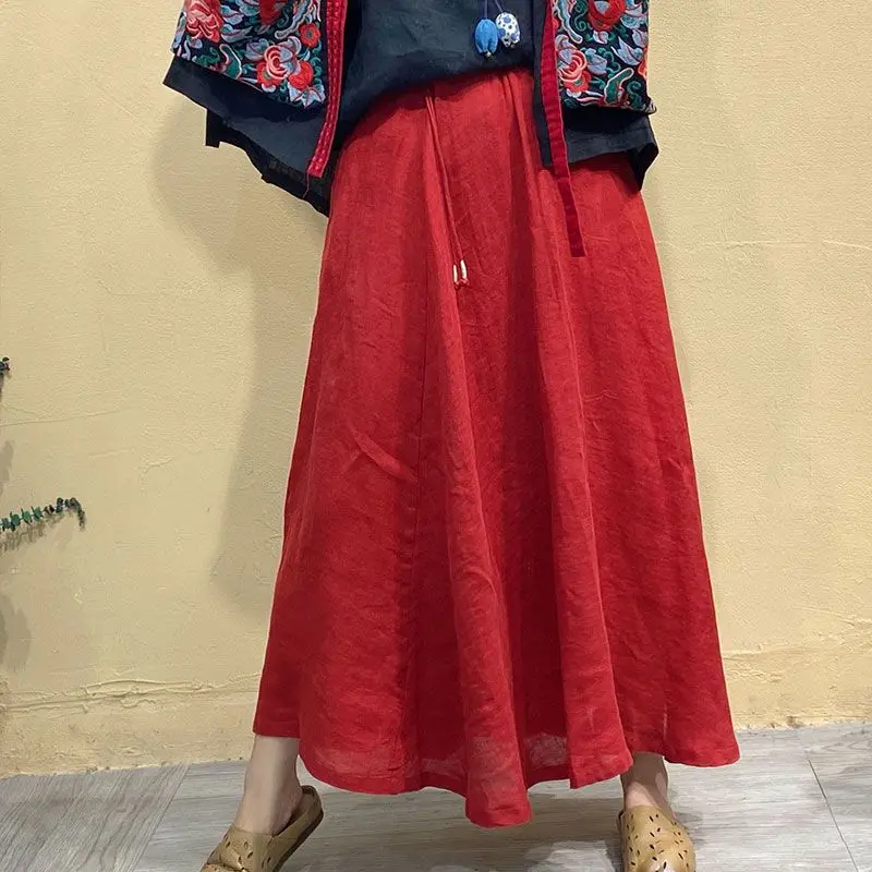 2024 Autumn Women's New Spliced Elasticized Pocket Drawstring Fashion Solid Color Loose Minimalist Casual All-match A-line Skirt