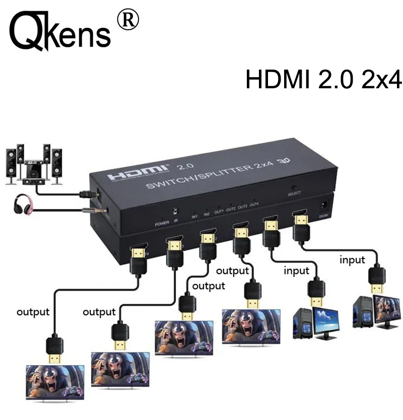 

HDMI 2.0 4k 60hz 2x4 Switch Splitter 3D 4K HDMI Switch Splitter SPDIF Audio 1080P Laptop PC To Multi TV 2 3 4 Monitors Projector