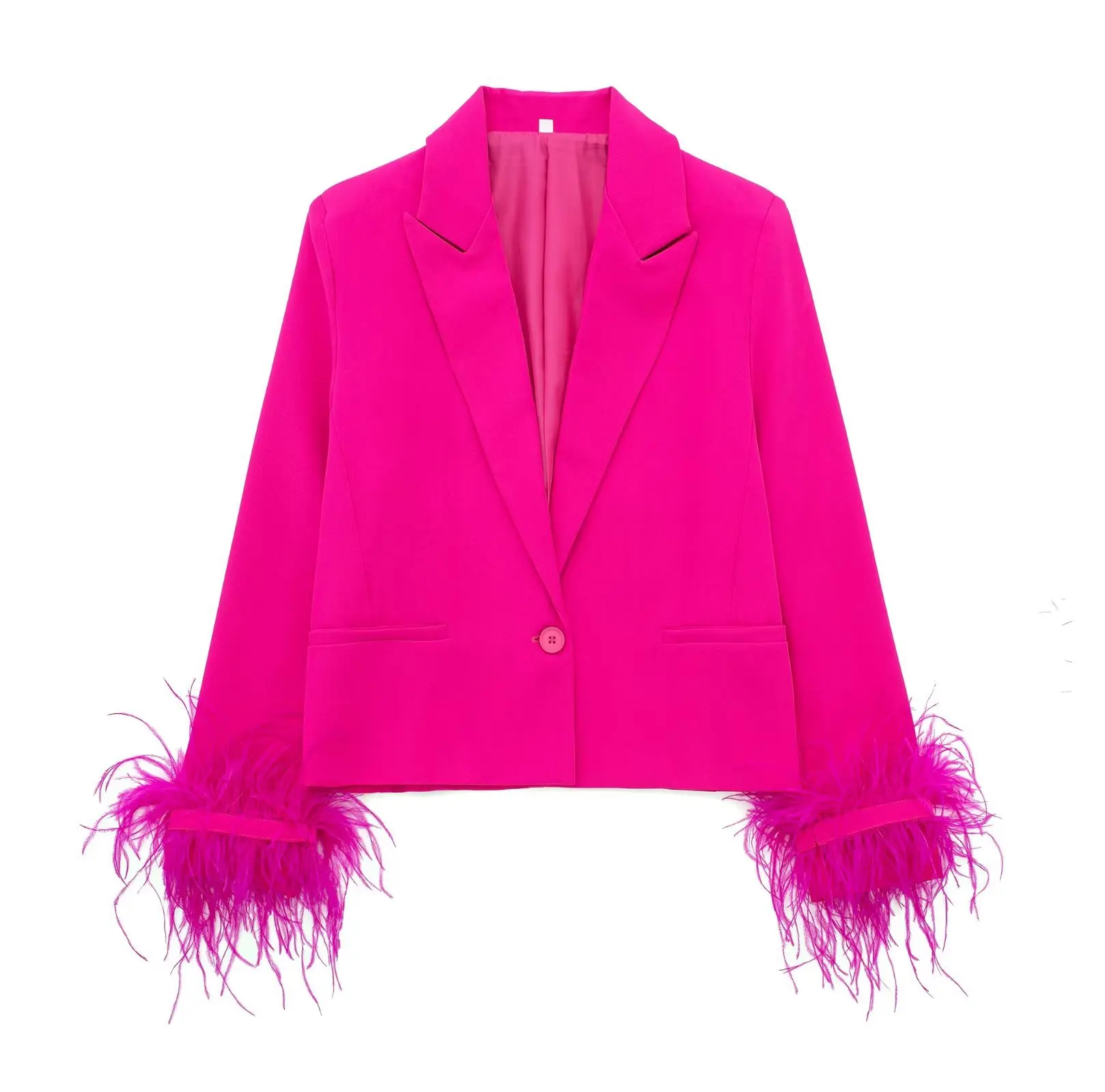 

2024 Spring Autumn New Women Feather Suit Jacket Rose Trendy Coat Lapel Long Sleeved Blazer Chic Casual Single Button Outerwear