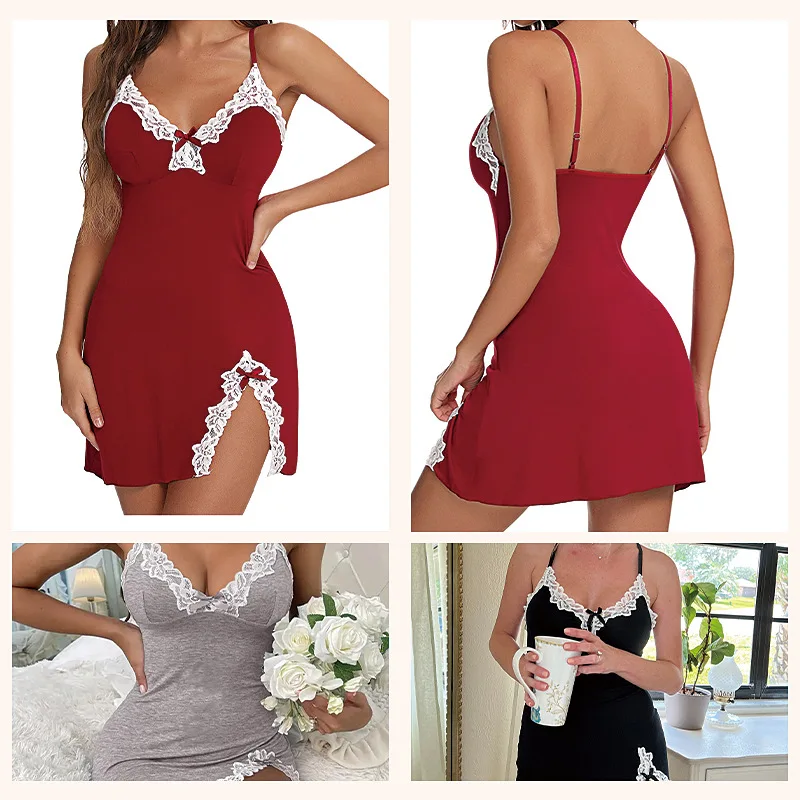 Women Sexy Lace Pajamas Summer Night V-Neck Full Non-Slip Babydoll Underwear Nightgown