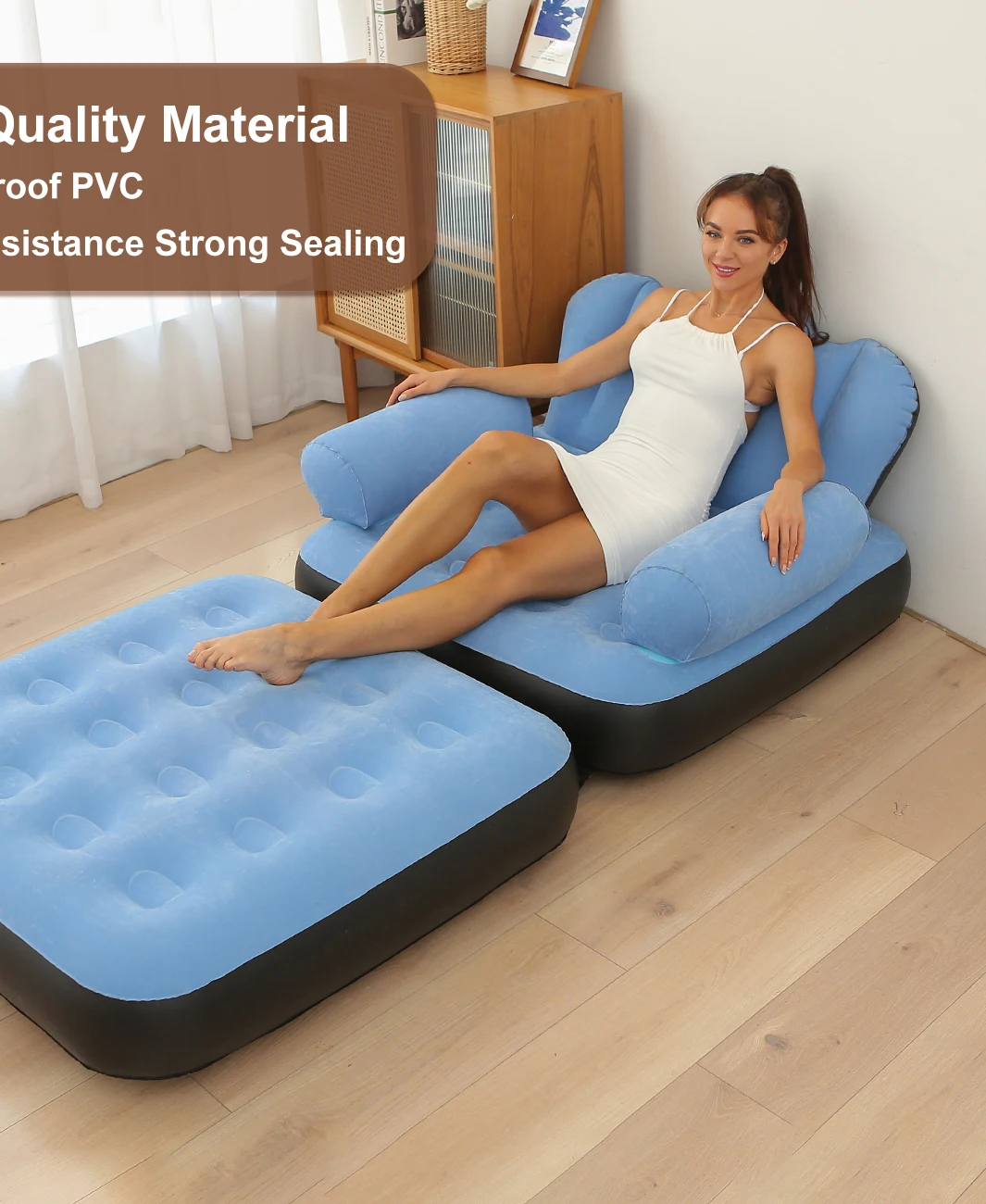 1PC Light Blue & Coffee Inflatable 5-in-1 Sofa – Soft and Comfortable for Home, Garden, and Outdoor Use