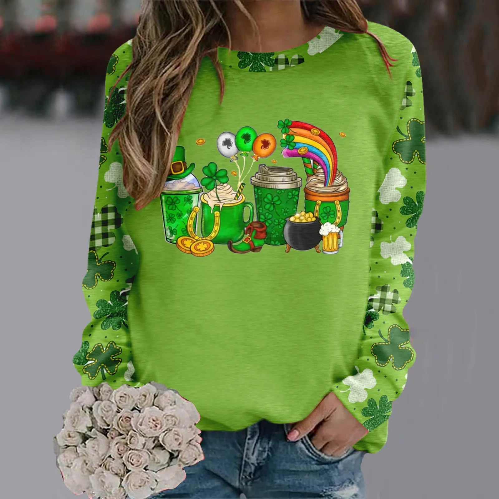 

Women Suitable St Patrick's Day Hoodies T Shirts Crewneck Green Sweatshirt Raglan Sleeve Shirt Pullover Tops Loose Fashion Tops