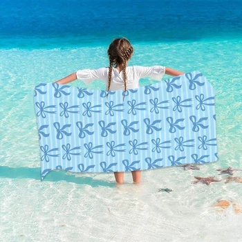 1PC Blue Bow Stripes Beach Towel  Ins Princess Pool Towel Holiday Birthday Gifts For Women Girls Quick-Drying Bath Towels 1