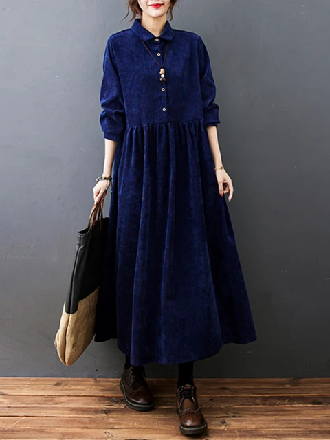 Corduroy Winter Autumn New Long Sleeved Vintage Dress Turn-down Collar Korea Fashion Blouse Dress Women Casual Dresses Clothing