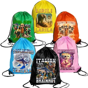 Borsa con coulisse Brainrot italiano Zaino Cartoon Tung Tungtung Sahur Telala Divertente squalo Stampa Borse portaoggetti Tasca Regalo per bambini 1