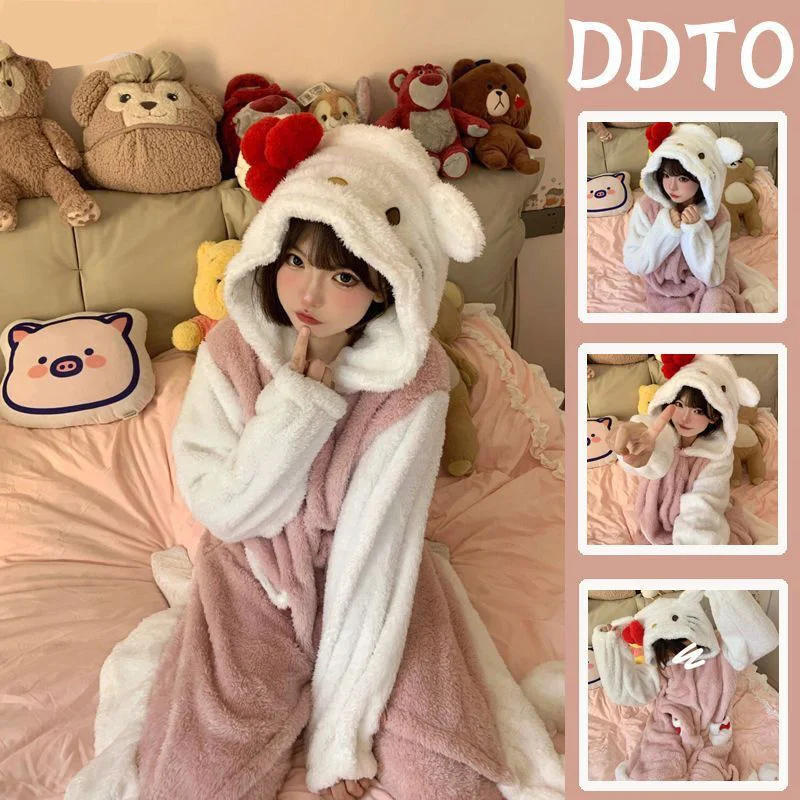 

Аниме Hello Kitty Kawaii Милая пушистая Пижама с бантом Новинка Осень-зима милая девушка милая длинная Пижама плюшевая парная Домашняя одежда подарок