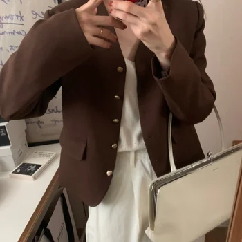 싱글 브레스트 느슨한 올 매치 긴 소매 간단한 기질 V-neck 겉옷