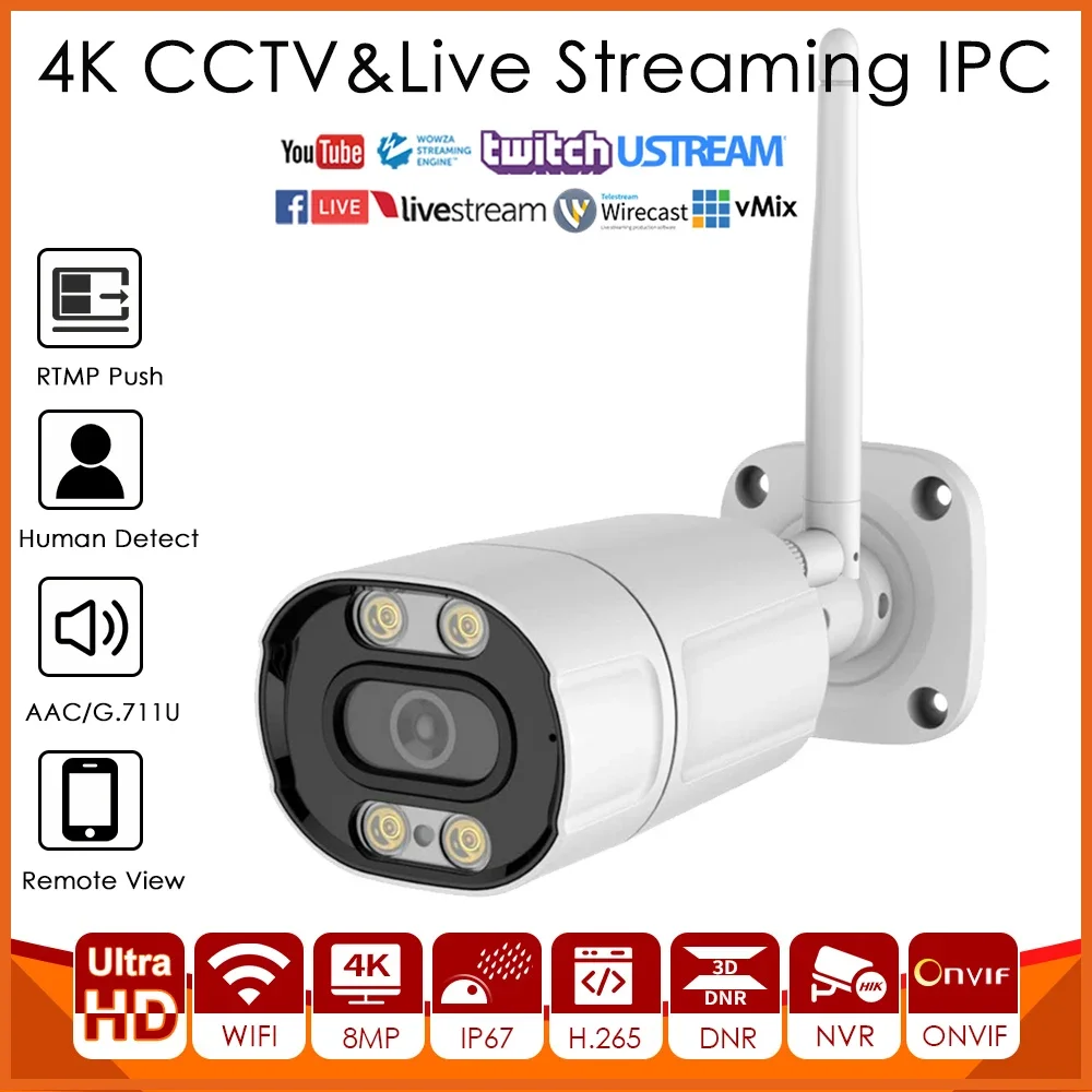 4K 8MP Wireless WiFi IMX415 IP Camera Full Colors Night Vision Live Streaming Push Video To YouTube Facebook Vimeo Built-in MIC