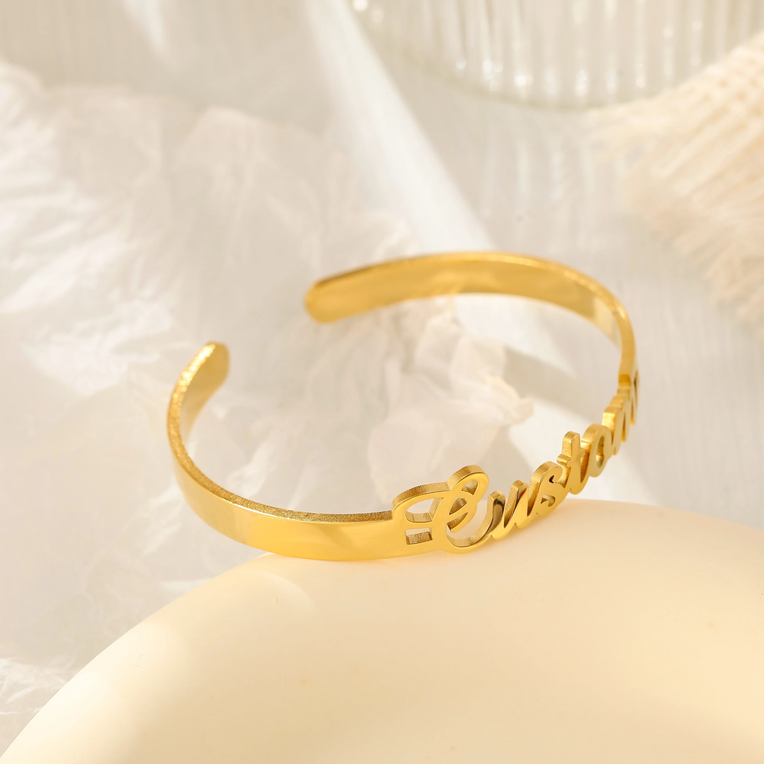 Personalized Fashion Name Bangle Custom Gold Stainless Steel Cuff Jewelry Nameplate Adjustable Bracelet Gift For Women