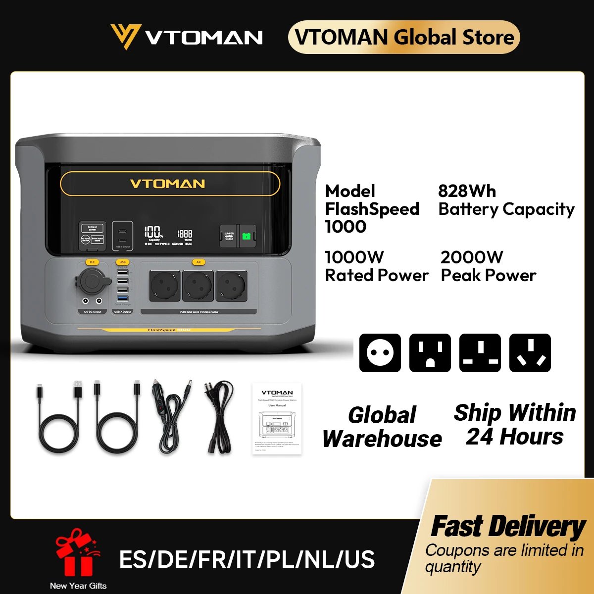 VTOMAN FlashSpeed 1000 Portable Power Station 2000W 828Wh LiFeP04 Battery For Outdoor Camping Tent Travel