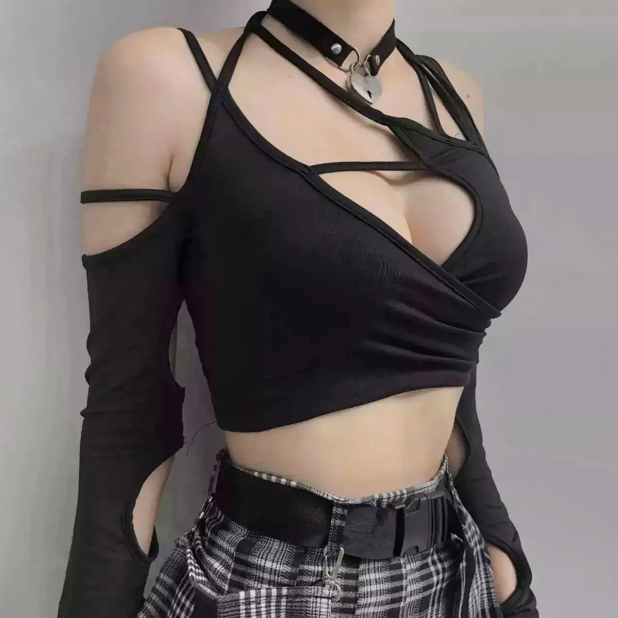 Europe and the United States y2k summer new women's solid color halter halter halter crop back sleeved blouse