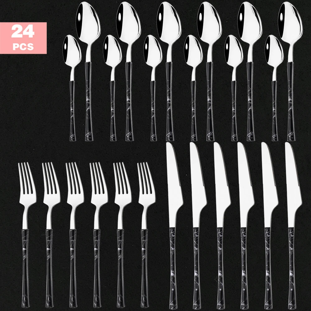 

16/24Pcs Stainless Steel Cutlery Set Dinnerware Imitation Wooden Handle Tableware Mirror Black Silver Knife Fork Spoon Flatware