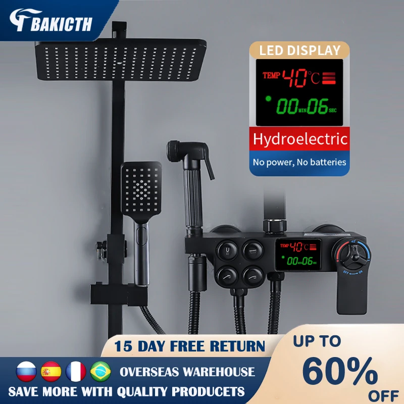 Black Thermostatic LCD Shower System Faucet Set Temperature Display Rainfall Bathtub Tap