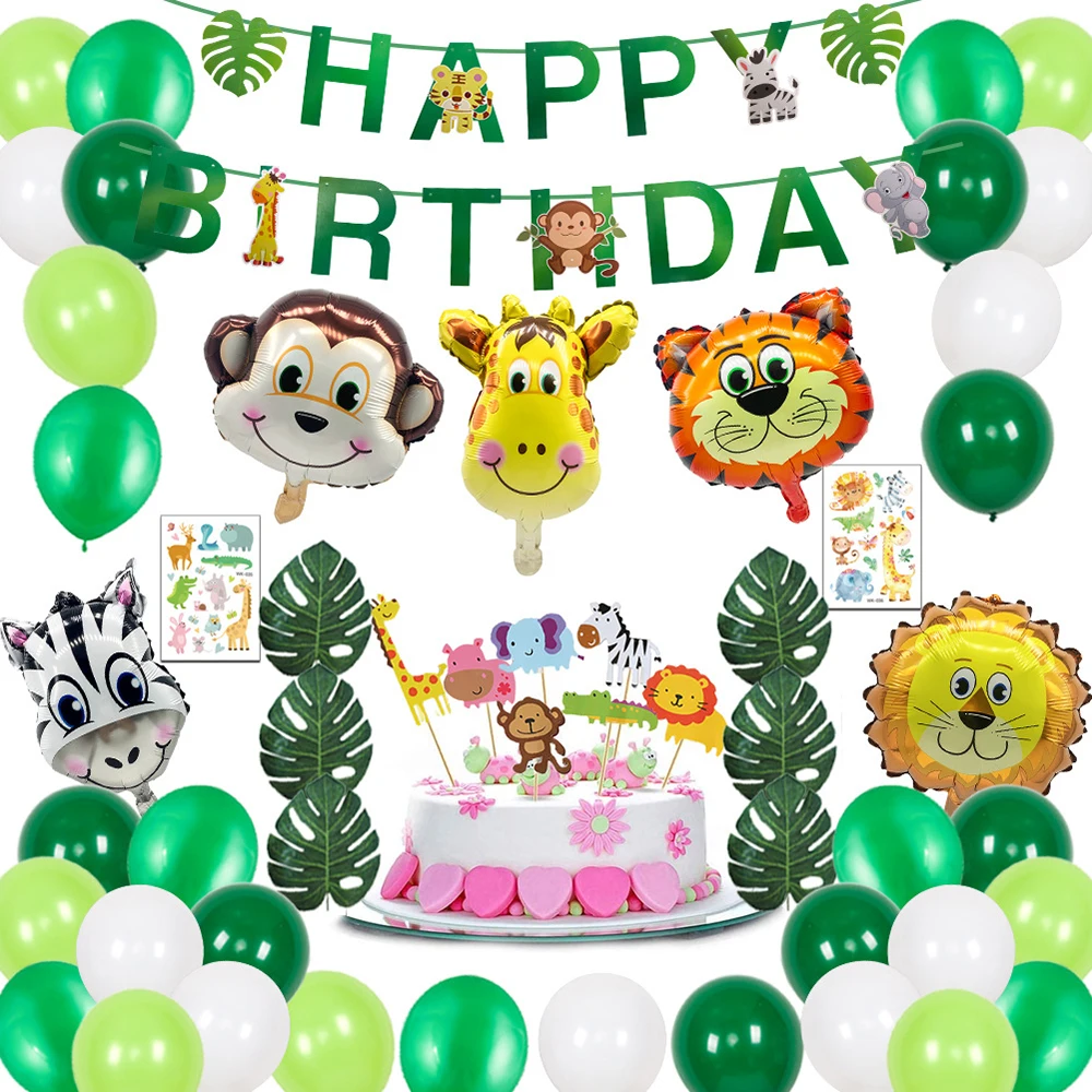 

Animal Themed Decorating Set Happy Birthday Signs Cake Decoration 47pcs Giant Foil Balloon 2 years safari party favors for kids