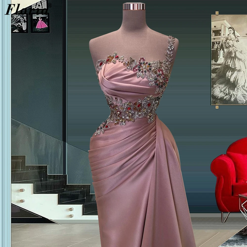 Blush Pink Mermaid Cocktail Dresses For Women Sleeveless Crystals Prom Dresses Wedding Party Gowns Engagement Vestidos De C&oacute;ctel