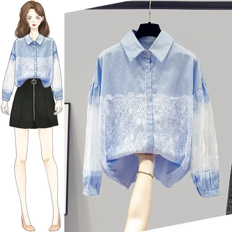 

2022 Lace Spliced Shirt Fashion Spring Autumn Lace Hollow Full Sleeve Shirt Female Elegant Korean Blouses Girls Sweet Casual Top