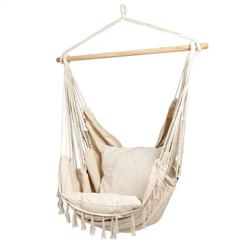 Hammock Swing Chair Hammock Chair Hanging Rope Swing Max 500 Lbs 2 Cushions Included Large Macrame Hanging Chair with Pocket for Superior Comfort