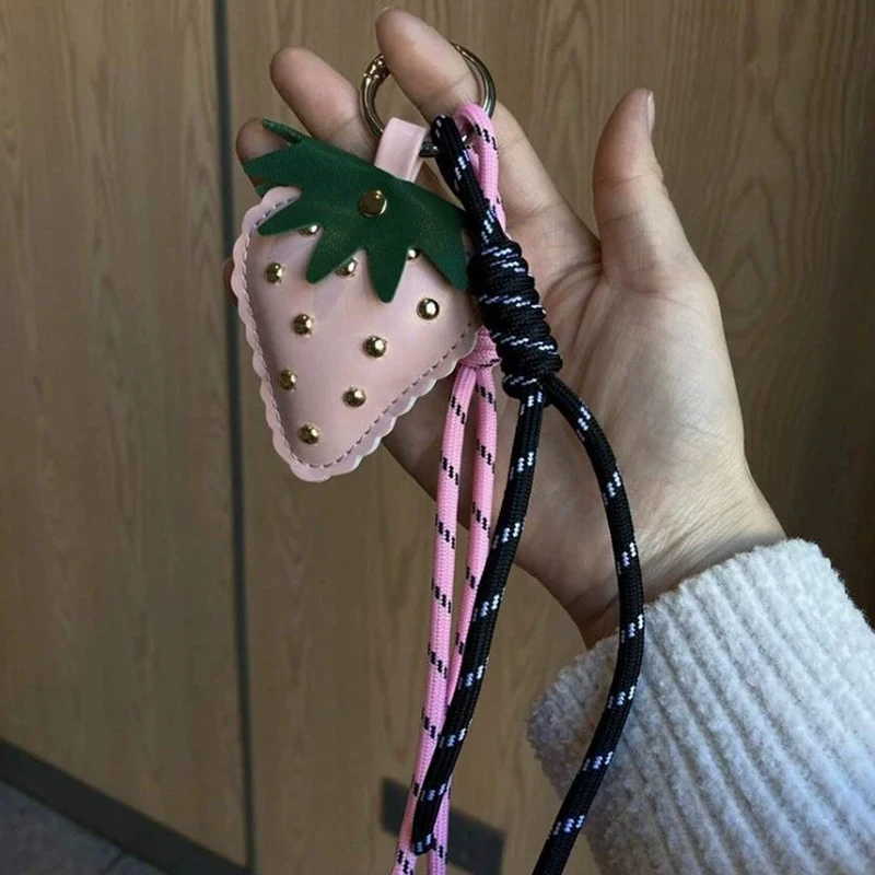 Cute Leather Strawberry Bag Pendant Charms Nylon Rope Keychain Aesthetics Backpack Accessories For Women Gift