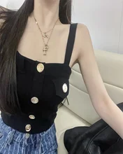 

2022 Summer Women Sexy Wide Strap Knitted Tank Bodycon Front Button Decoration Sleeveless Crop Top Solid Color T-Shirt
