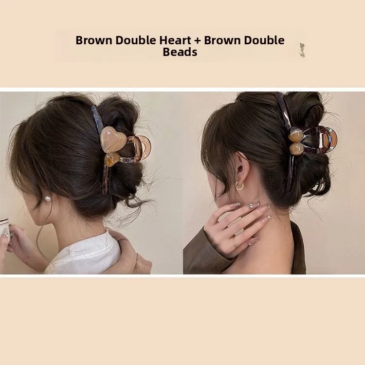 【hot seller】brown double heart + gradient double bead hair claw clip