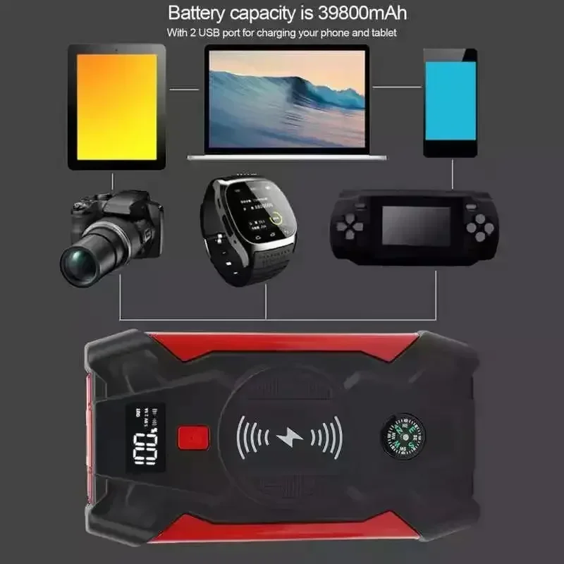 39800mAh Car Jump Starter 1200A LED Display Power Bank Battery Booster 12V Car Battery Charger Starting for 3-5L Vehicle