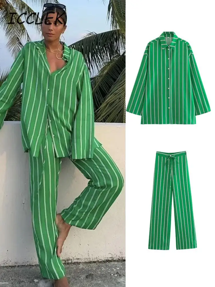 

Женская рубашка Icclek и зеленые полосатые рубашки и широкие брюки, летний комплект из 2 предметов, женские весенние брючные костюмы, уличная одежда