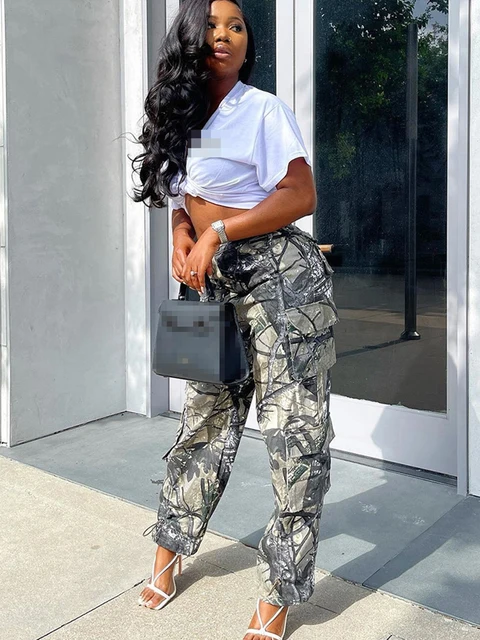 Joskaa Camouflage Loose Casual Zipper Pockets Trousers Women Clothes Autumn  2022 Fashion Straight Leg Pants Female Bottoms
