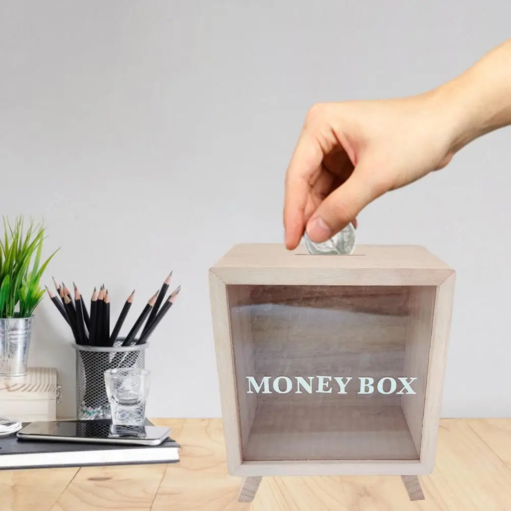 Piggy Bank Compact Large Capacity Nordic Style Transparent Wooden Kids Money Saving Bank Home Desktop Decoration Kids Gift