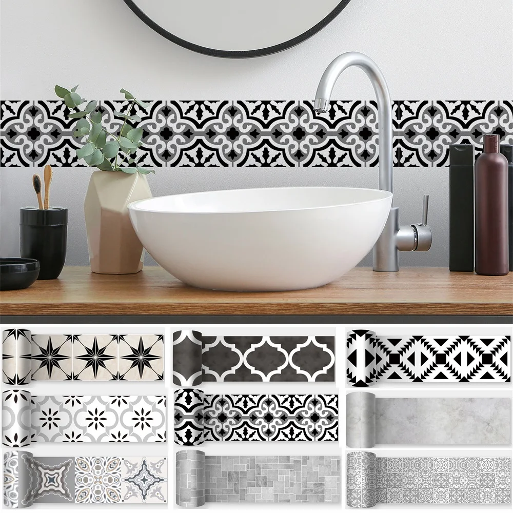 10x200cm Baseboard Sticker Moroccan Mosaic Tile Style Wall Border Sticker DIY Kitchen Bathroom Decoration Waistline Wall Sticker