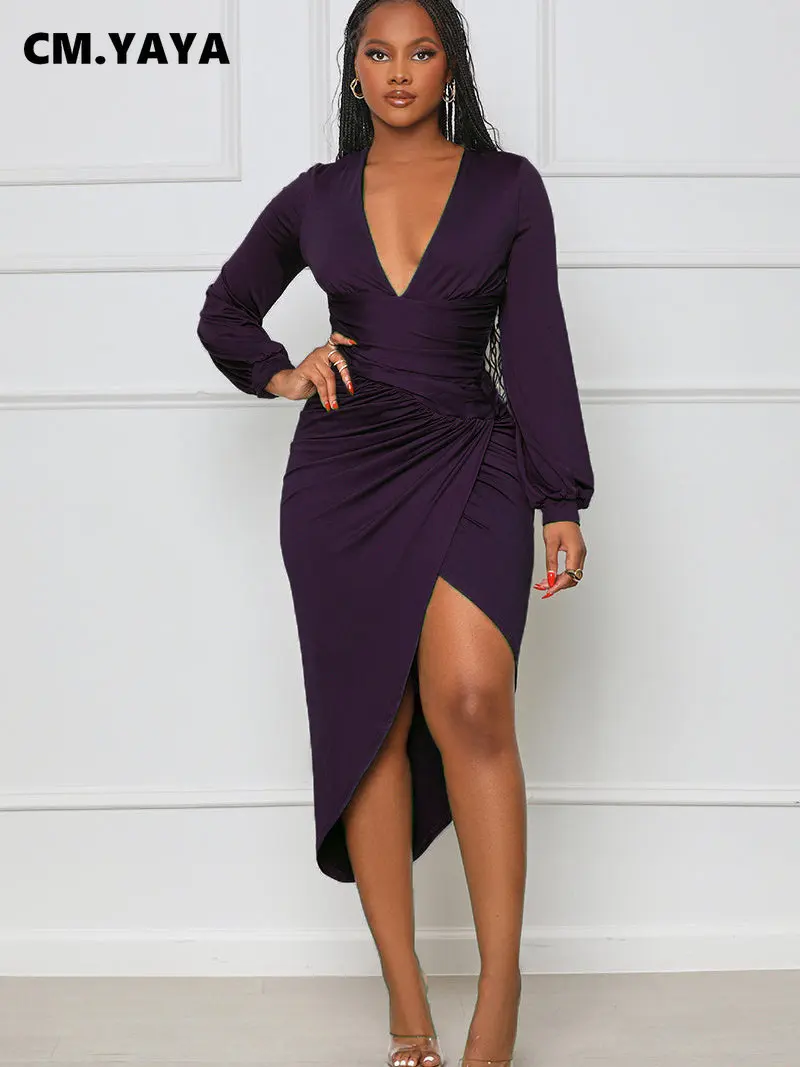 CM.YAYA Women Elegant Wraped V-neck Corset High Waist Ruched Up High Side  Split Bodycon Asymmetrical Dresses Winter Autumn Dress - AliExpress  200000345